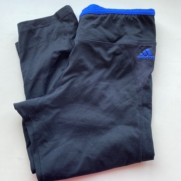 adidas Pants - Cropped Adidas workout leggings, black and blue, size S